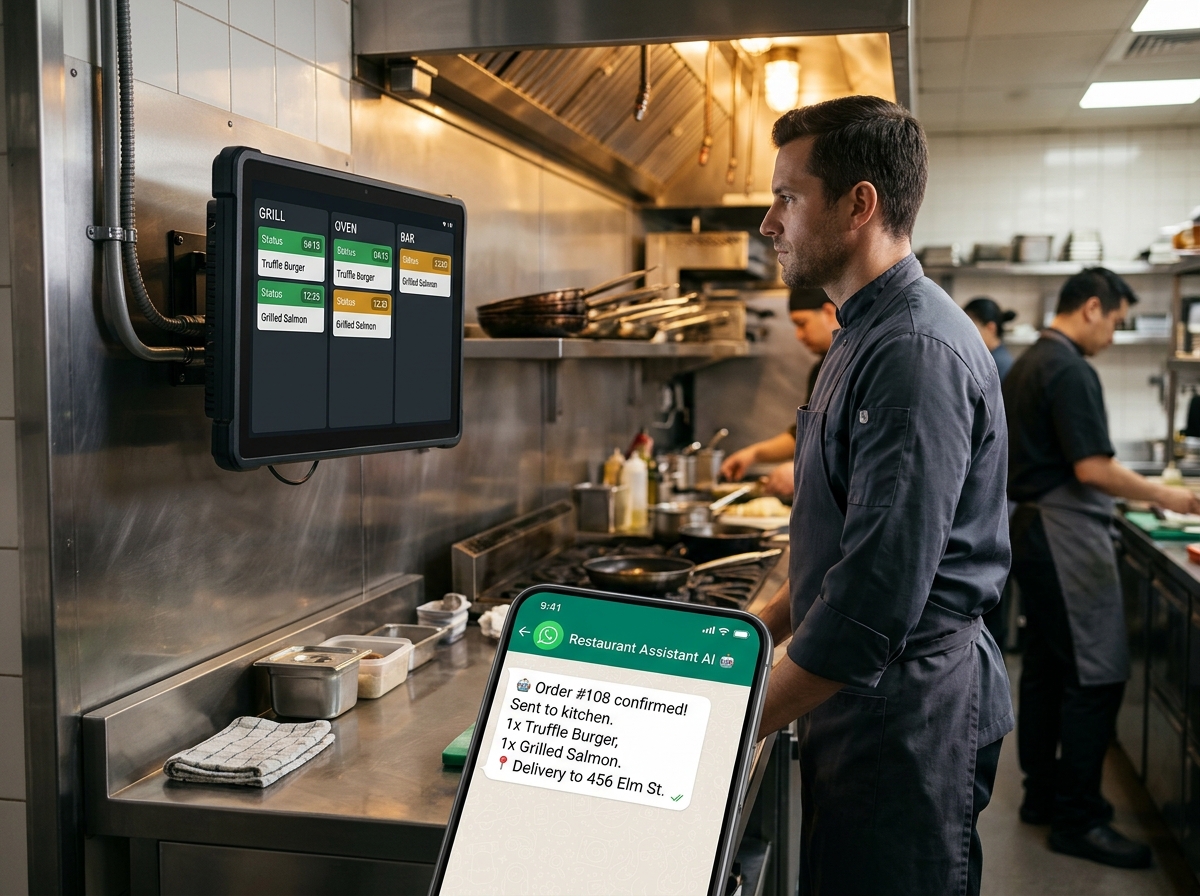 Chef visualizando KDS por estação e WhatsApp AI Bot confirmando pedido