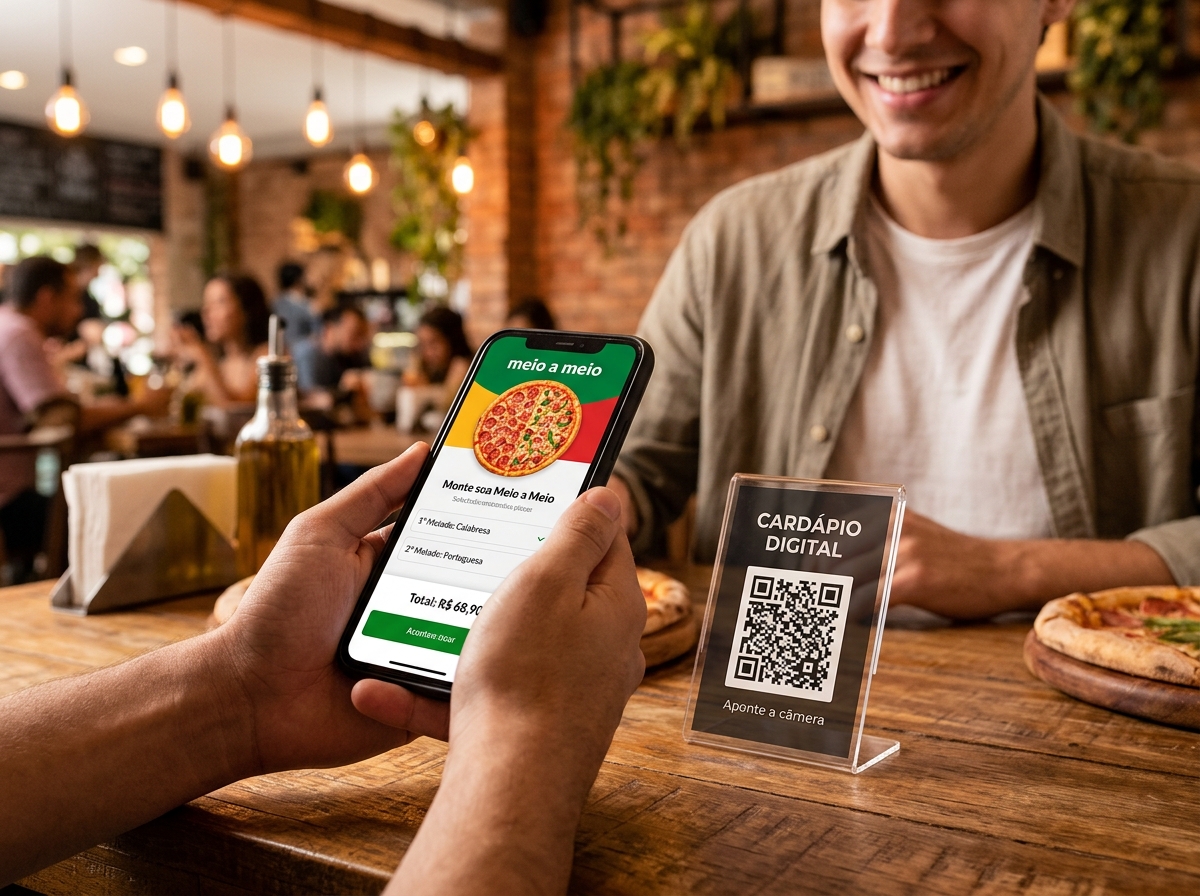 Cliente fazendo pedido via QR Code na mesa com Pizza Meio a Meio